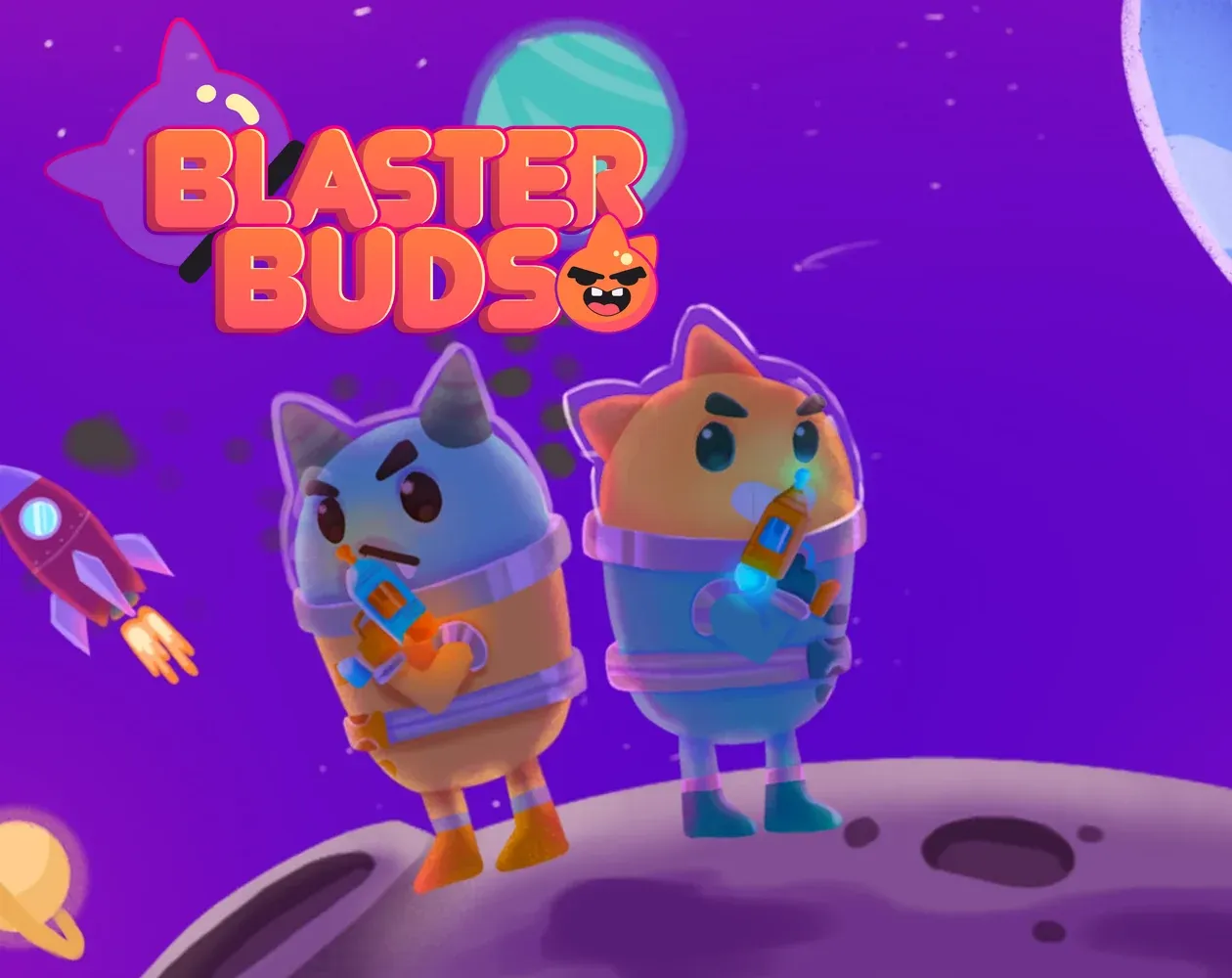 Blaster Buds: the game logo above the two buddies in space suits, holding blasters on a little moon