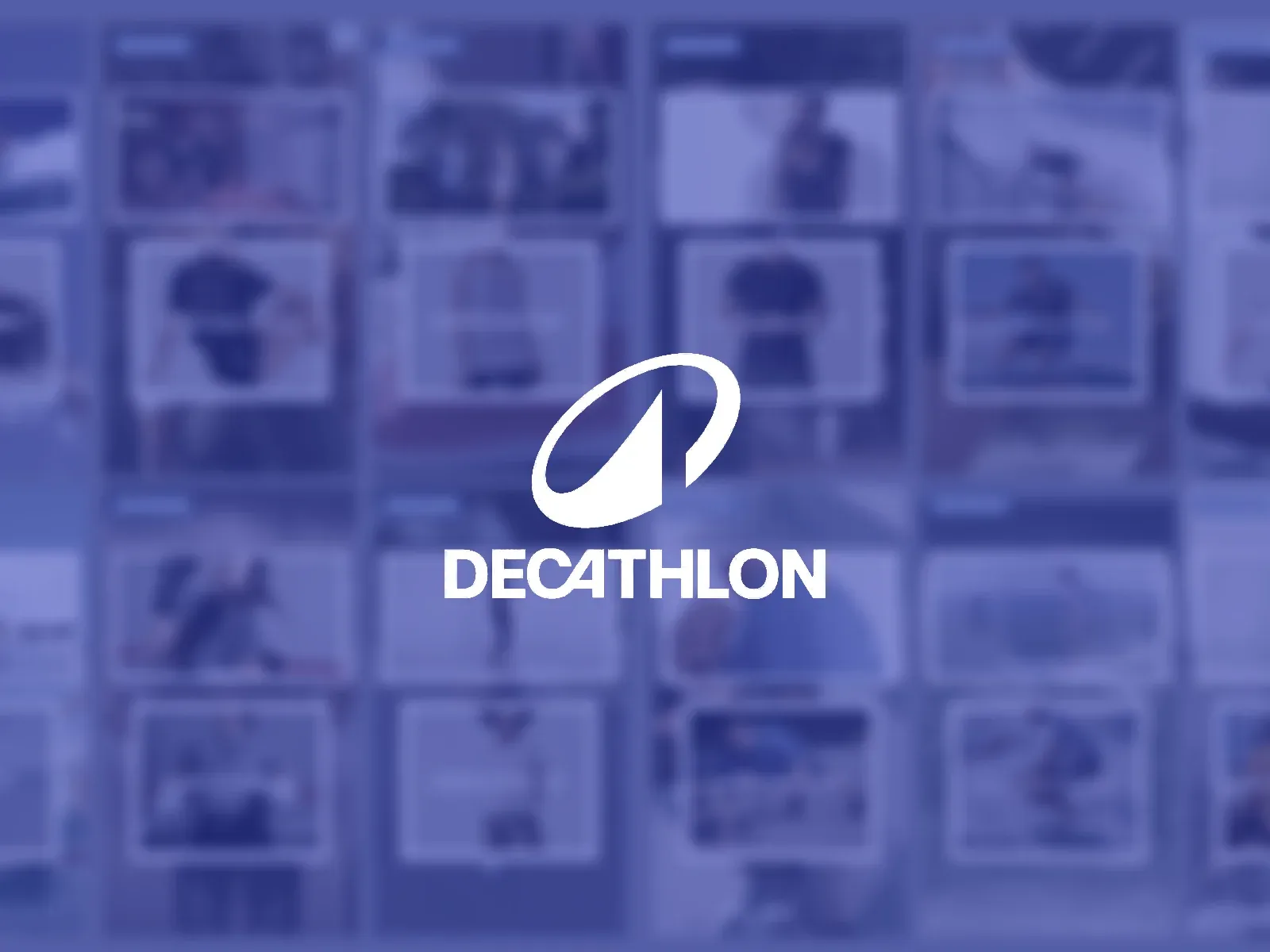 The Decathlon logo in white over the grid of TikTok versions, in Decathlon blue