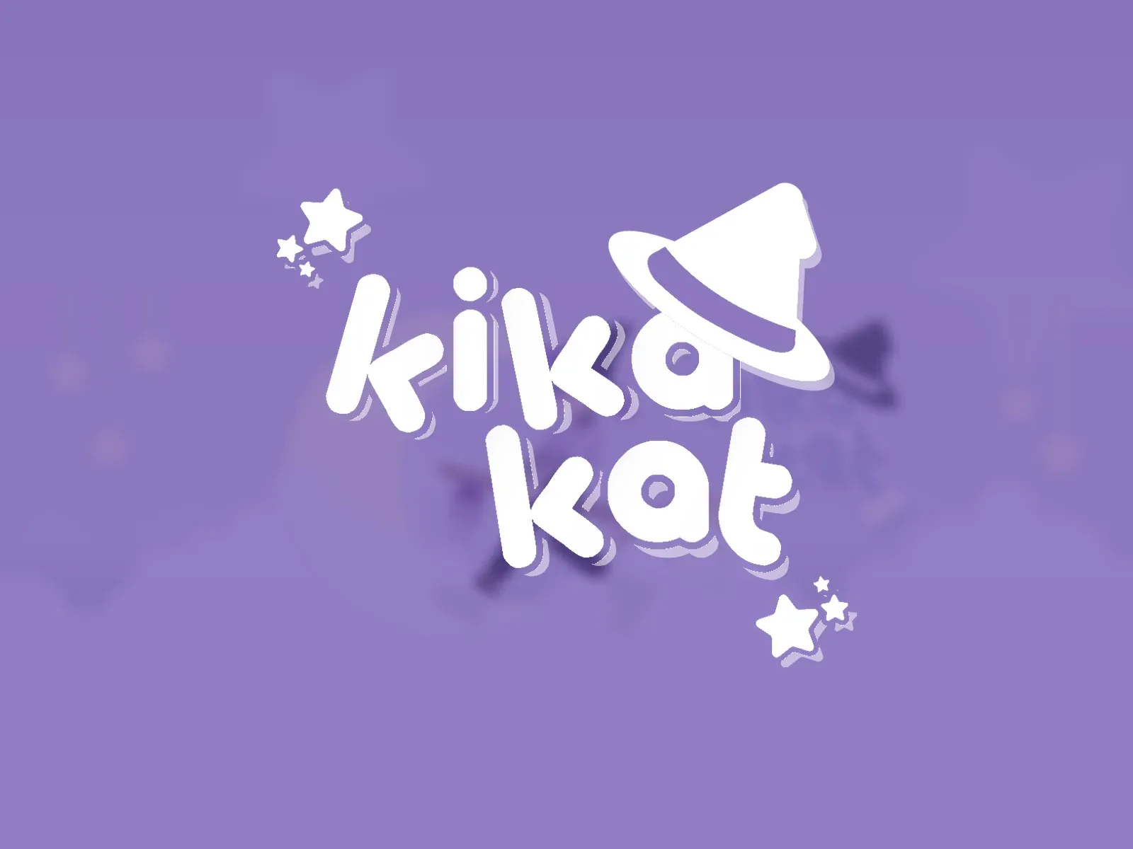 The kika kat logo with its witch hat and stars, in white, over a lilac sky of clouds and a moon