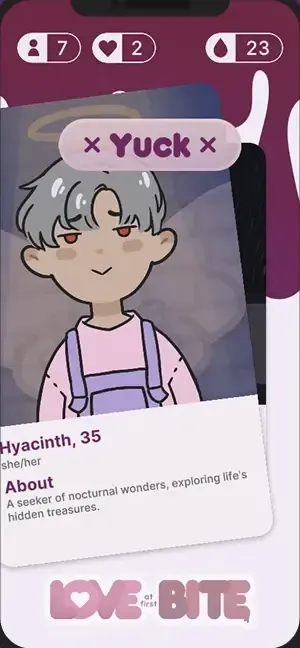 Jam build swipe screen: a "Yuck" stamp on Hyacinth, 35
