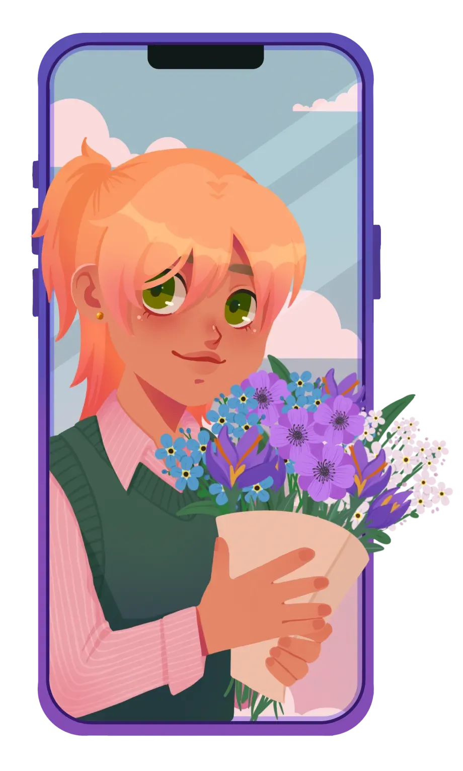 Key art: the human inside a phone screen, holding a bouquet of purple and blue flowers out of the frame