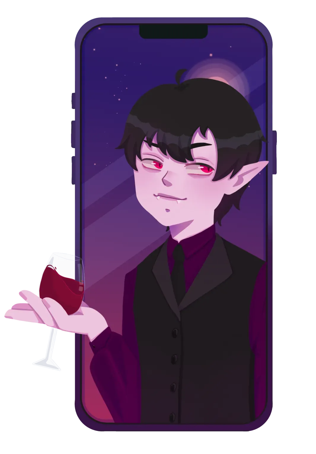 Key art: the vampire inside a phone screen, holding a glass of red wine out of the frame