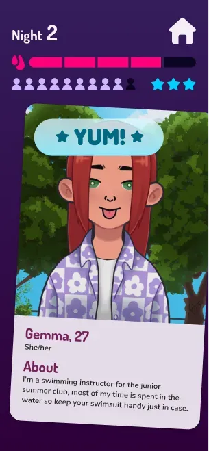 Swipe screen on Night 2: a "Yum!" stamp on Gemma, 27, under the thirst bar and daily matches