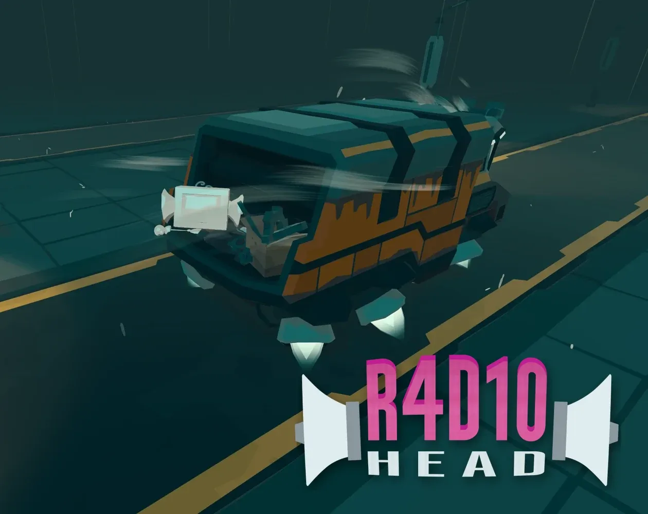 R4D10 HEAD: the little TV-headed robot rides a hovering truck down a rainy night street, under the game logo