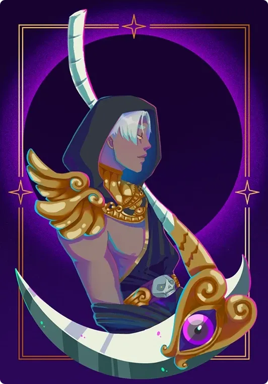 A hooded figure with a crescent scythe and golden wings