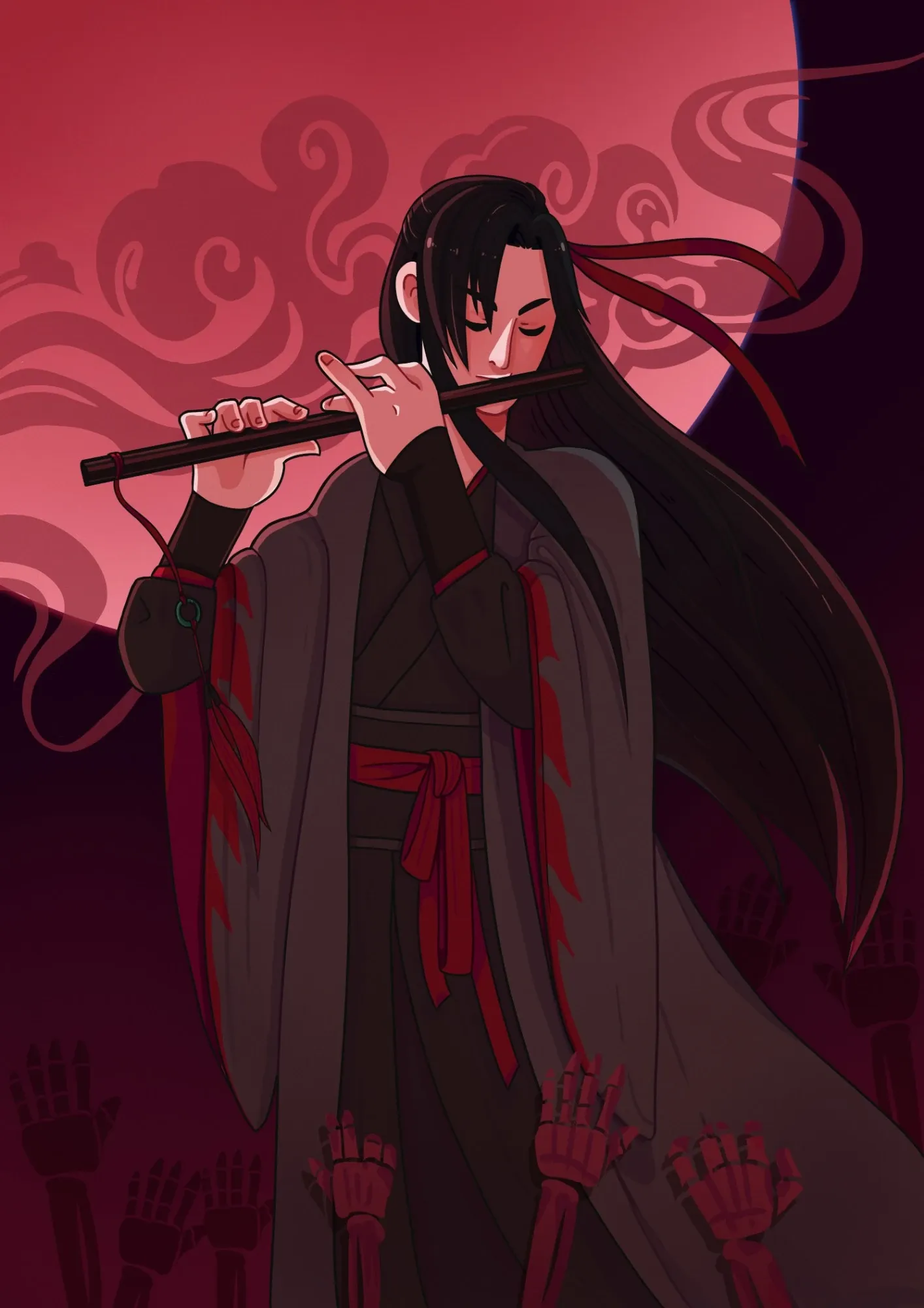A cultivator playing the flute under a red moon