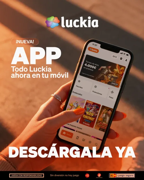 A hand holding a phone with the new Luckia app: “¡Nueva app! Descárgala ya”