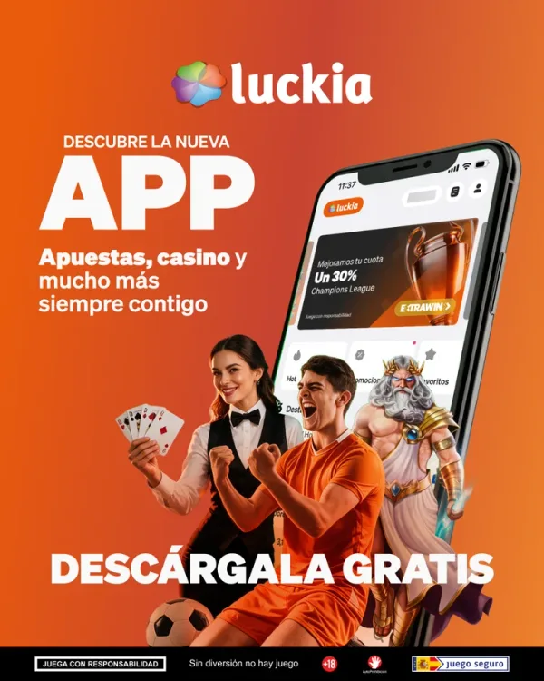 “Descubre la nueva app” with two players, Zeus and the app on a phone: “Descárgala gratis”